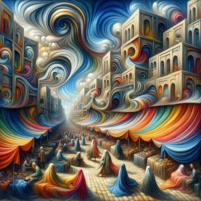 The primary subject of the image is a painting of a city street with a crowd of people walking down the street. The setting is a cityscape with buildings and a cloudy sky. The visual style is a painting, and the colors and mood are vibrant and lively.